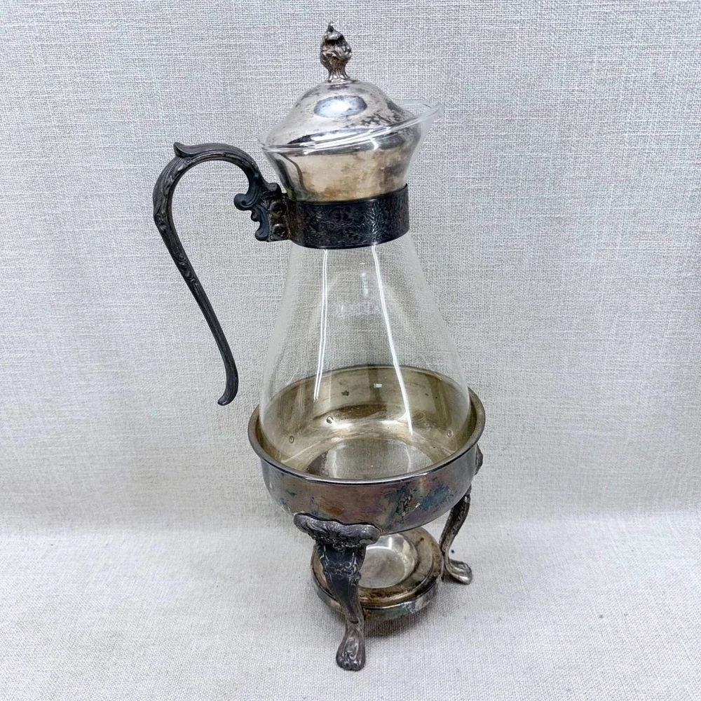 Sheridan Silver Plated Glass Coffee Carafe Decanter with Warmer Stand Vintage